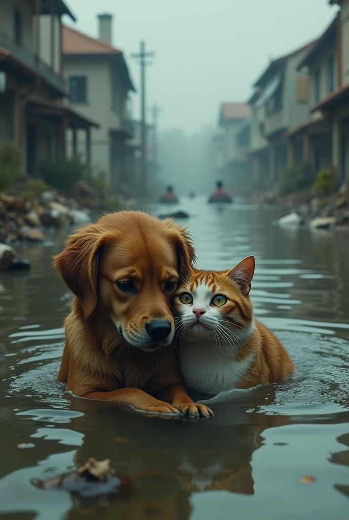 a dog and cat is crying in a flood.his human friend left him alone