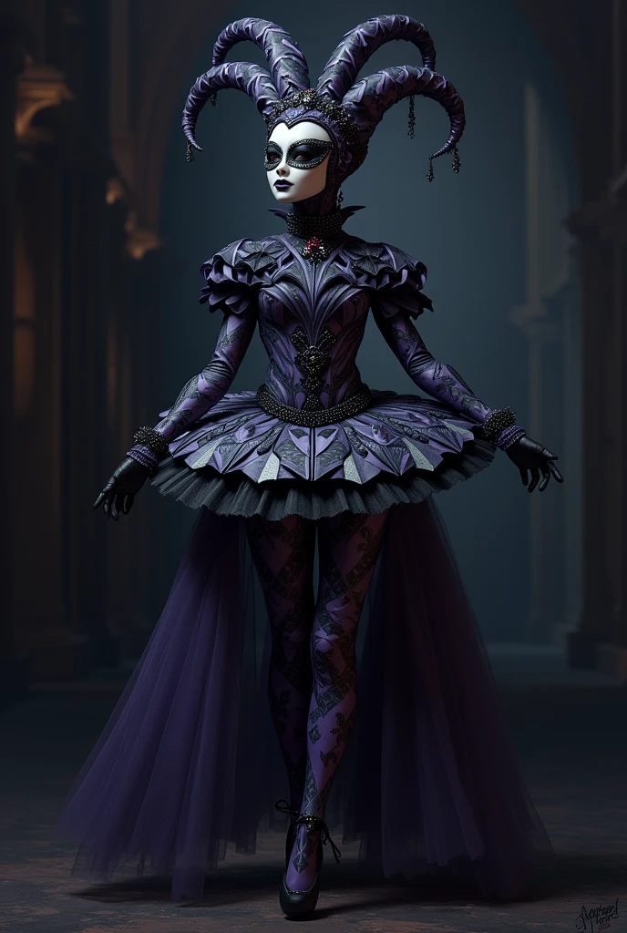 I want an illustration of a ballet tutu or an alternative ballet costume for the "toys" from act 1 of The Nutcracker. Let it be a dark-colored harlequin with a mask from that period.

