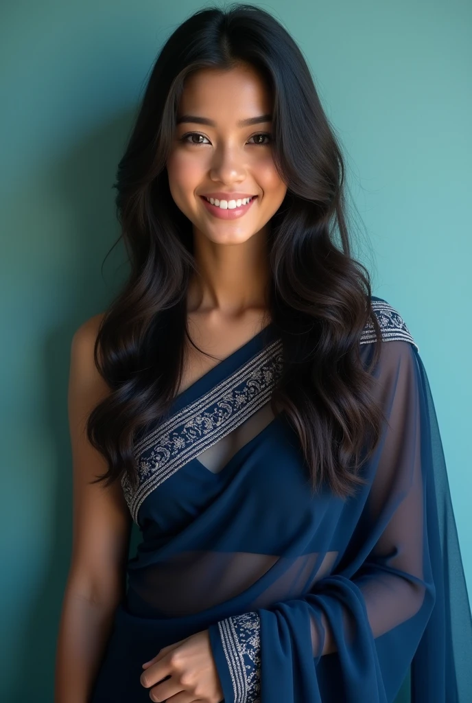 A beautiful girl with dark hair and a confident smile. He is dressed in a navy blue sari. The girl is positioned against aqua colour backdrop with a subtle