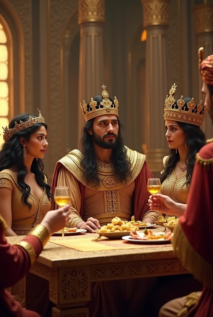 a table with the king and queen of persia with their crowns also add sitting at the table with them table an officer of the king of persia with a turban make them with golden cups in their hand 