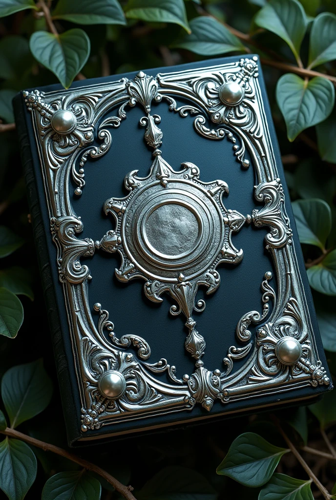 A grimoire with shimmering features carved in silver with sprigs of small leaves around the four corners of the cover and in its center the symbol of the triple moon 