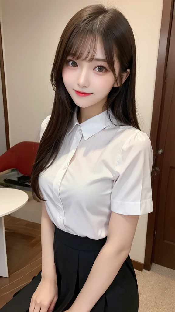 table top, highest quality, shape, Super detailed, finely, High resolution, 8k wallpaper, Perfect dynamic composition, beautiful and detailed eyes, Gcup breasts, Natural color lip, Random sexy pose,smile,20 year old girl、Beautiful and dense face、perfect and beautiful face,Big eyes、real photos(best image quality),cute face、cute、blouse(black)、pleated skirt、Blurred tower apartment living room background、sexy pose、shirtslift、selfie mirror