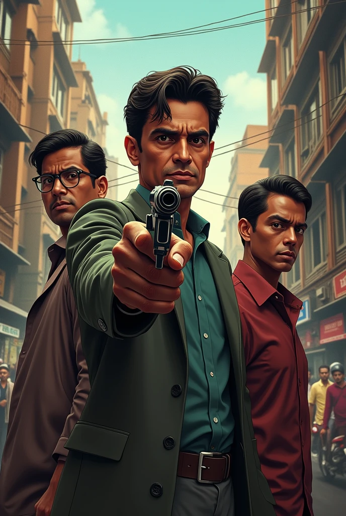 Create feluda in contemporary kolkata with 0.32 colt in his hand. Along with him is Topshe and Lalmohan Babu