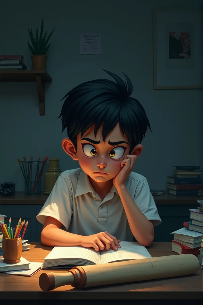 The boy is sitting at a cluttered study table in a dimly lit room, looking frustrated and lost while staring at an open textbook. A cricket bat lies on the floor next to his chair, hinting at where his true focus lies."