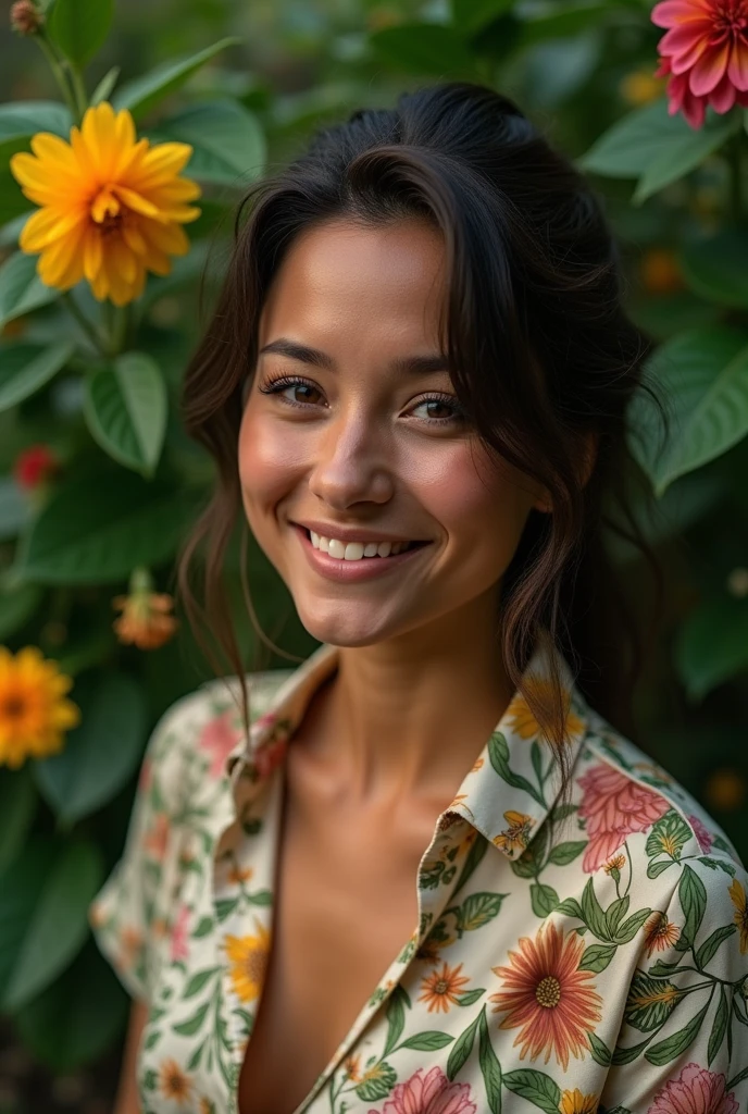 A Brazilian woman in a lush tropical garden, wearing an open shirt with a floral print, with a close-up capturing the harmonious beauty between her breasts and the natural flowers, showing off your natural charm and outgoing personality.