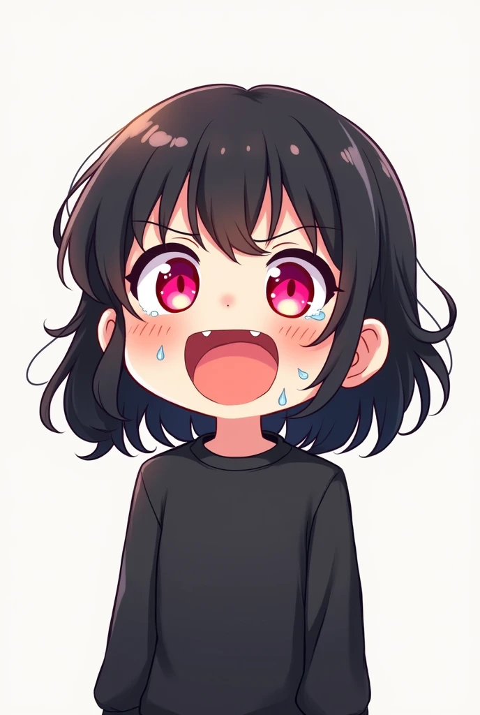 medium black hair girl with bangs, pink eyes and black sweatshirt, chibi style, laughing so hard I'm crying