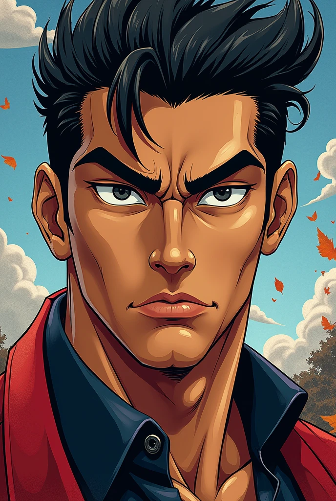 A man with warm brown skin, short black hair side part, thick eyebrows, almond-shaped dark eyes, a straight nose, full lips. He has a strong jawline and a serious, confident expression. Make it look anime from jojo's bizarre adventure with background effect