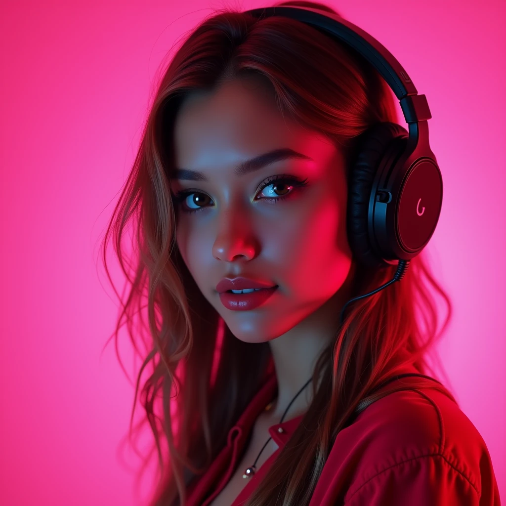 High-quality photograph of a gamer girl. Portrait avatar. pink background