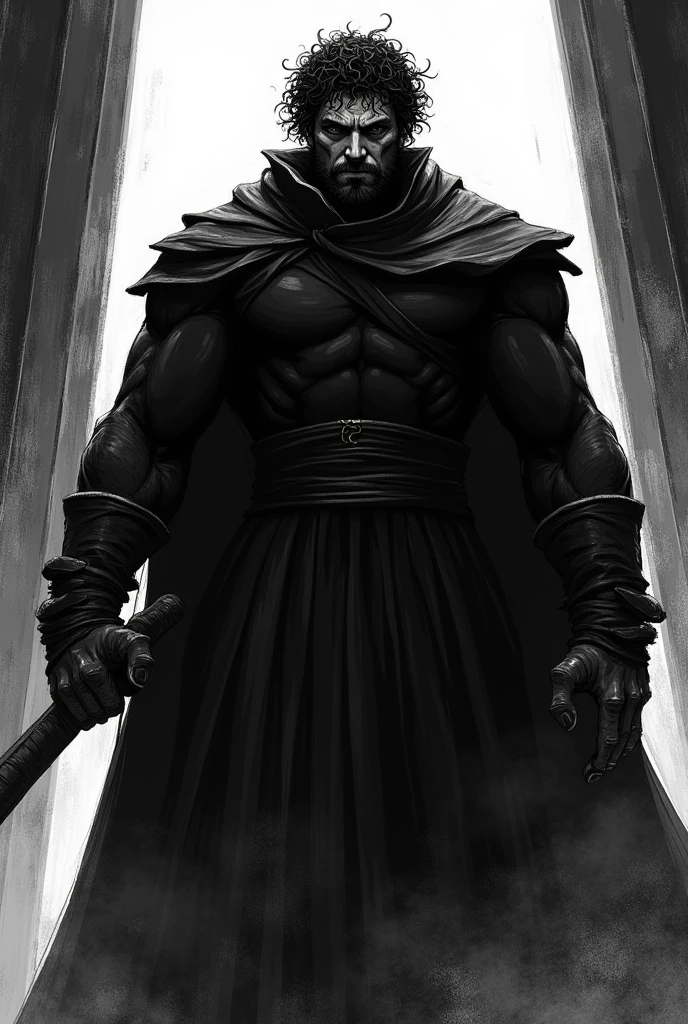 a brown executioner, tall in stature, with black and curly hair, broad shoulders getting stressed, with manga art, in hatching, black andwhite