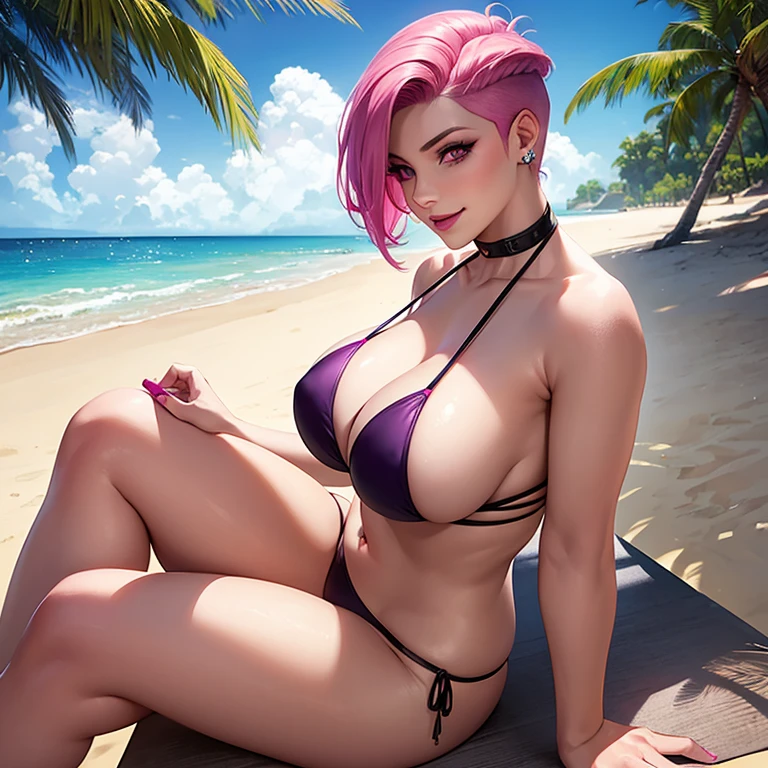 Beautiful woman, undercut, shave sides, pink hair, pink eyes, dark lipstick, smiling, large breasts, sexy black and purple bikini, sitting, piercing, on the beach