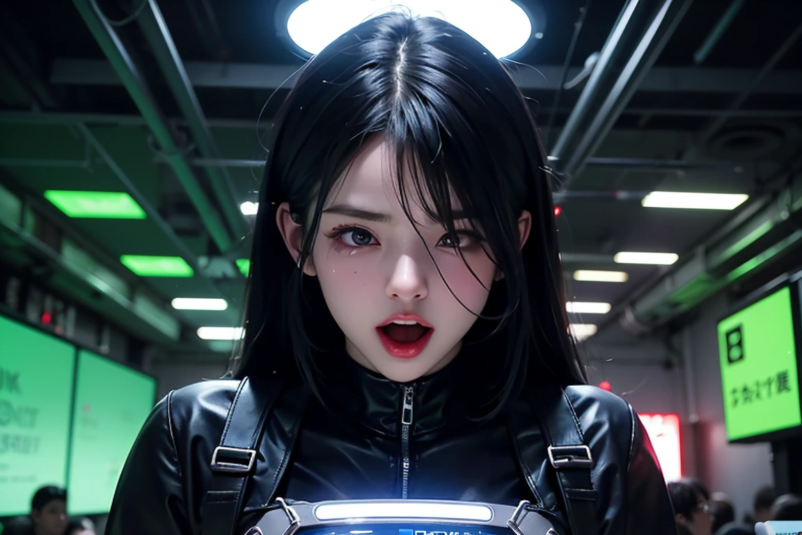1girl, syberpunk, restrained, stationary restraints, mechanical Restraints, Head mounted display, Hypnotic Visor, covered eyes, corruption, open mouth, screaming, tears, mind control machine, girl trembling, Kusanagi Nene, green hair, long hair, black bodysuit, blush, machine, indoors, steel wall, neon, purple light, purple Lightning, nenechan, brainWM