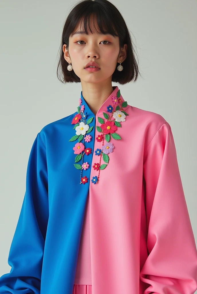 Can you create an image. 
Using the concept of my art and description?

The front separate fabric is blue. Other part fabric is pink. It will have a floral embroidery in neck