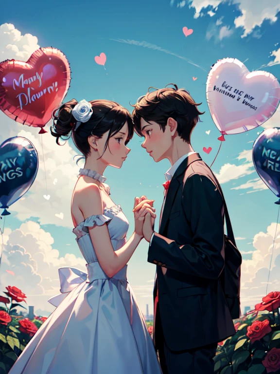 1 boy and 1 girl,couple,heart,hands duo,flower,clouds,bubbles,rose flower,balloons,clouds,sky,