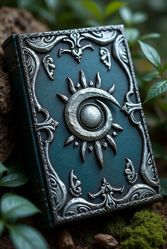 A grimoire with shimmering features carved in silver with sprigs of small leaves around the four corners of the cover and in its center the symbol of the triple moon