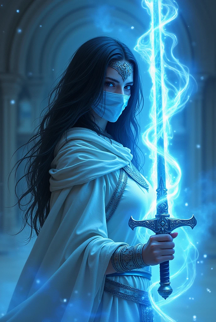 Elden ring, Priest, light armor, sorcery, mystic, sword, blue magical flame, woman, long black hair, portrait, silver mask