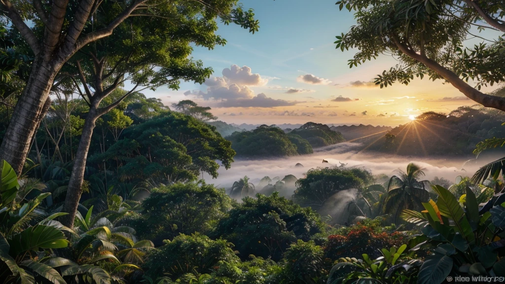 Description: Create an exquisitely stunning, photorealistic depiction of a pair of exotic Amazonian birds, like macaws and toucans, perched on a branch in the heart of the rainforest. Capture the richness of colors and detailed texture of their feathers, with vibrant shades of blue, red, greens and yellows. The environment should include a lush jungle landscape, with large tropical leaves, bright flowers like orchids and bromeliads, and a soft mist that adds a mystical touch to the scene. Natural light filters through the dense canopy, creating flashes of light that illuminate the birds and surrounding vegetation.
The style should be a hybrid of realism and fantasy., with minute details and saturated colors that enhance the natural beauty of birds and their habitat. The background should have a soft multi-color gradient, with a clear sky at sunset that emits warm and magical tones. Inspired by the mastery of Katsuhiro Otomo, Yoshitaka Amano, Makoto Shinkai, and Lois van Baarle, This image should combine elements of conceptual art, fantasy illustration and digital painting, Maintaining sharp focus and a smooth finish that highlights the scene like a moving magic painting.
Make sure the composition is in a panoramic format 16:9 for a 1920x1080 monitor wallpaper, Maximizing visual impact and capturing the serenity and magic of the Amazon in all its splendor.