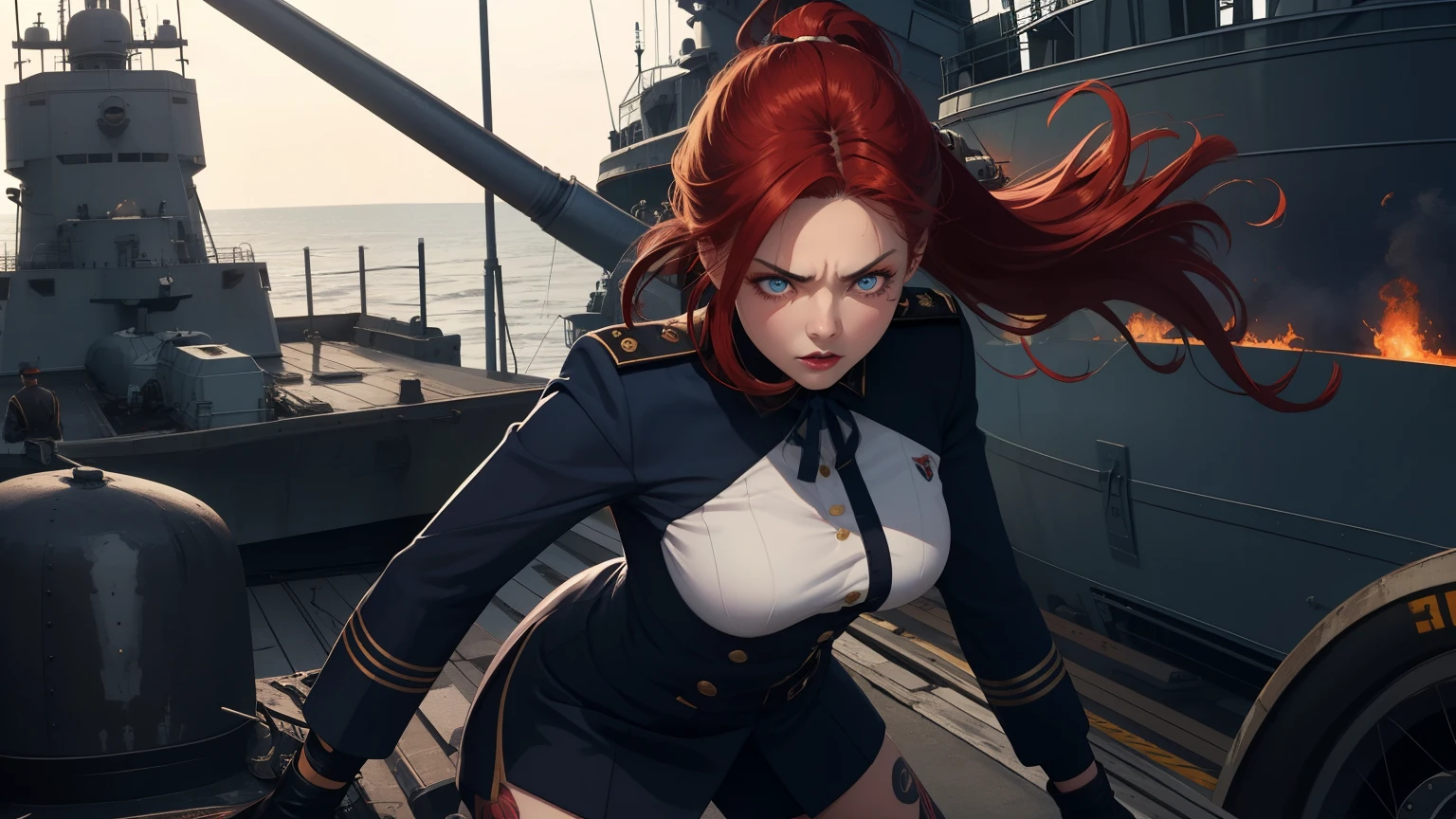Hot young woman, long red hair, ponytail, admiral's uniform, many nautical tattoos, black make-up, high boots, high quality, best quality, high details, blue eyes, perfect body, warship in backround, navy, cannons fire, masterpiece, multilayer, angry eyes,
