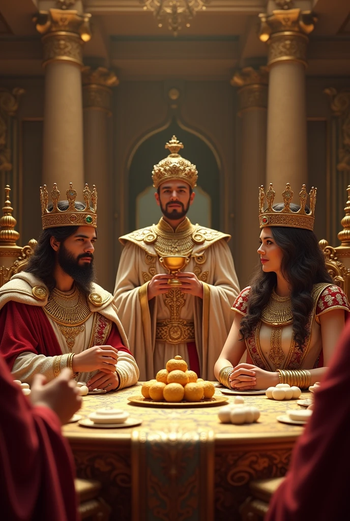 a table with the king and queen of persia with their crowns also add sitting at the table with them table an officer of the king of persia with a turban make them with golden cups in their hand