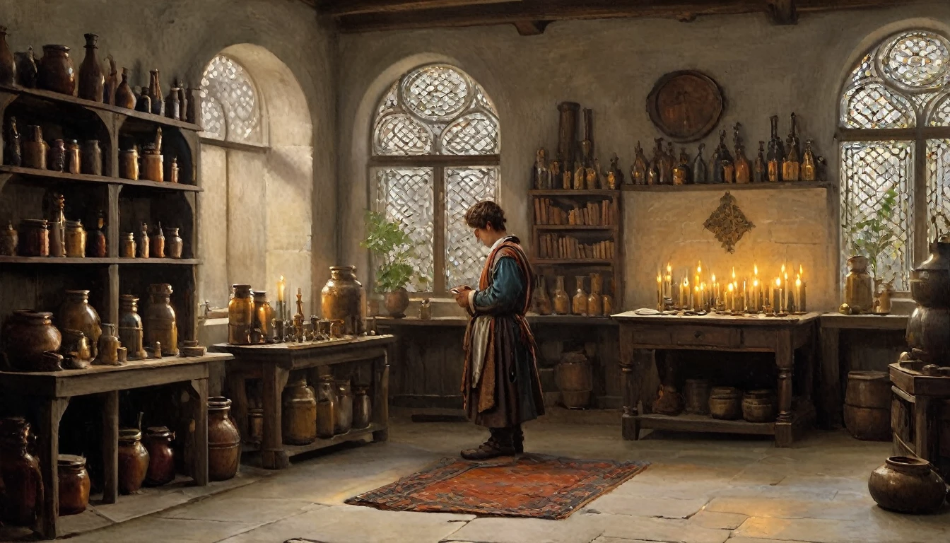 A scene of a young alchemist inside a medieval alchemy laboratory, styled in the manner of Edmund Blair Leighton. The laboratory is richly detailed with an array of alchemical instruments, ancient books, and bubbling potions. The young alchemist, dressed in period-appropriate attire, is engaged in a focused task, perhaps examining a flask or writing in a journal. The room is dimly lit by the glow of lanterns and the flicker of candles, casting warm, intricate shadows on the stone walls adorned with shelves of jars and mysterious artifacts. Leighton's characteristic romanticism and meticulous attention to detail are evident in the luxurious textures, rich colors, and the sense of historical authenticity in the scene., Surrealism, Hyperrealism, UHD, masterpiece, accurate, anatomically correct, textured skin, super detail, award winning, 16k