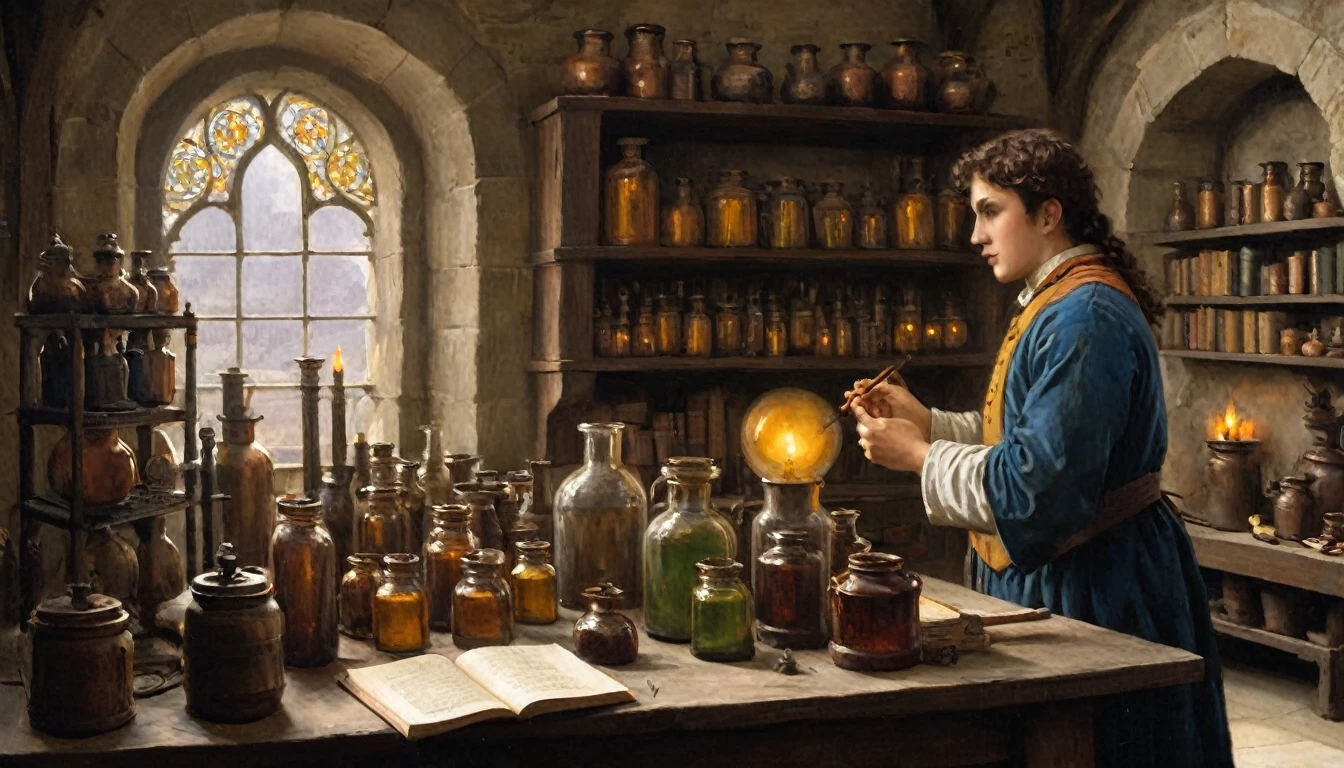 A scene of a young alchemist inside a medieval alchemy laboratory, styled in the manner of Edmund Blair Leighton. The laboratory is richly detailed with an array of alchemical instruments, ancient books, and bubbling potions. The young alchemist, dressed in period-appropriate attire, is engaged in a focused task, perhaps examining a flask or writing in a journal. The room is dimly lit by the glow of lanterns and the flicker of candles, casting warm, intricate shadows on the stone walls adorned with shelves of jars and mysterious artifacts. Leighton's characteristic romanticism and meticulous attention to detail are evident in the luxurious textures, rich colors, and the sense of historical authenticity in the scene., Surrealism, Hyperrealism, UHD, masterpiece, accurate, anatomically correct, textured skin, super detail, award winning, 16k