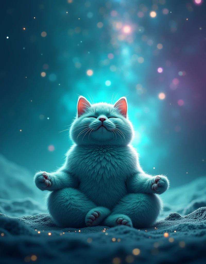 Create a super realistic cat, turquoise, fluffly, with eyes closed, he is meditating, is calm and happy, he is sitting in the lotus position, cross legs, he is meditating profundamente, o fundo é de galaxia turquoise com roxo
