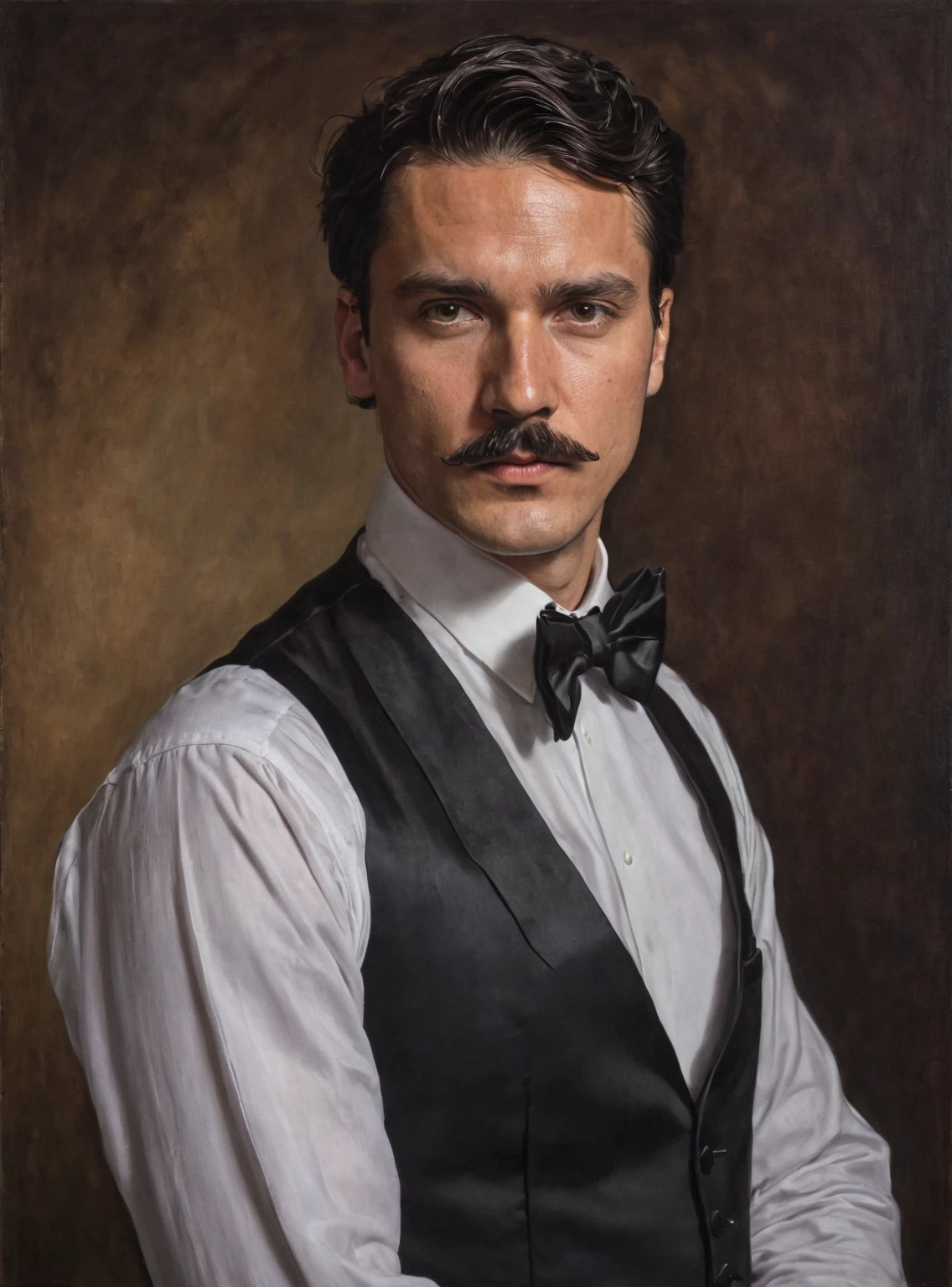 The image is a portrait of a man's face. The man appears to be in his late twenties or early thirties, with dark hair and a mustache. He is wearing a black tuxedo with a white shirt and a black bow tie. The background is a dark brown color, and the man is looking directly at the camera with a serious expression. The painting is done in a realistic style, 