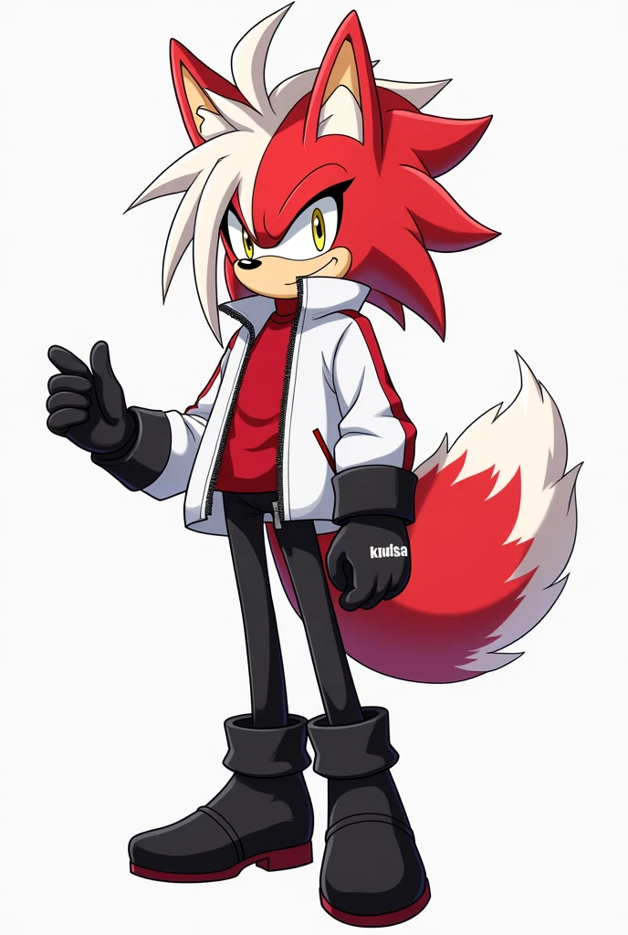 Create a Kitsune with half white and half red hair, with a ponytail, with fringe on the left side, yellow  eyes, eyes large, humanoid, with ears and nine tails,in the form of a Sonic-style character, o nome dele é Kito Kaiiatsubaky, Men&#39;s White Windbreaker Jacket with Red Shirt, black pants and men&#39;s black boots,with gloves, Personalidade: always cheerful and lively and willing to protect his friends and companions.
