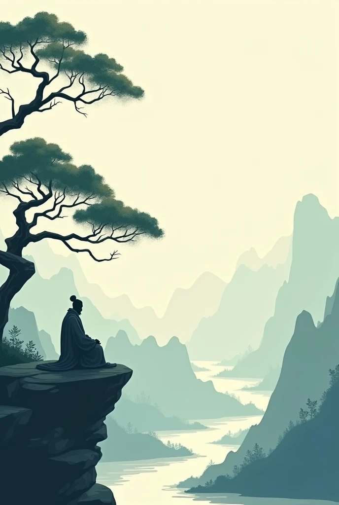 Chinese landscape, A medieval monk sit meditation below tree in the mountains and rivers，Minimalist sketches，abstract paintings, Zen, Amy Sol style, Cover art with light abstraction, Simple vector art, Contemporary Chinese art, Gradient of color, Soft color palette, layered forms, Whimsical animation, The style is ethereal and abstract