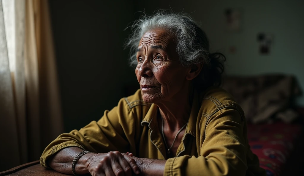An old black woman is wondering and scared about the future