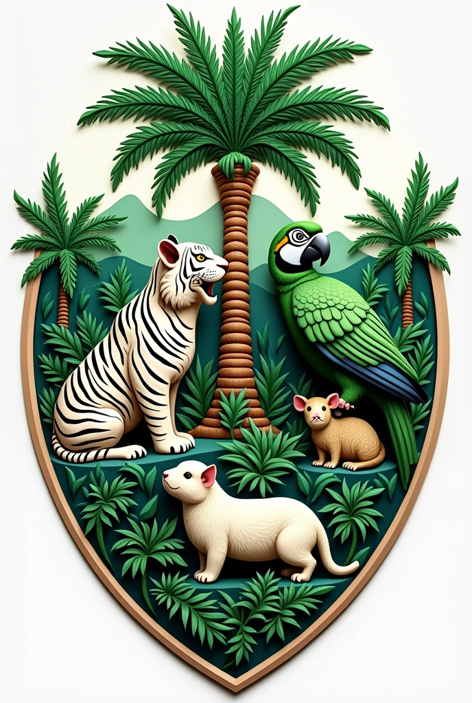 A shield for the Bogota Peama delegation, with shades of green and white using the combination of the tiger as a symbol, the macaw, the guinea pig and a palm tree