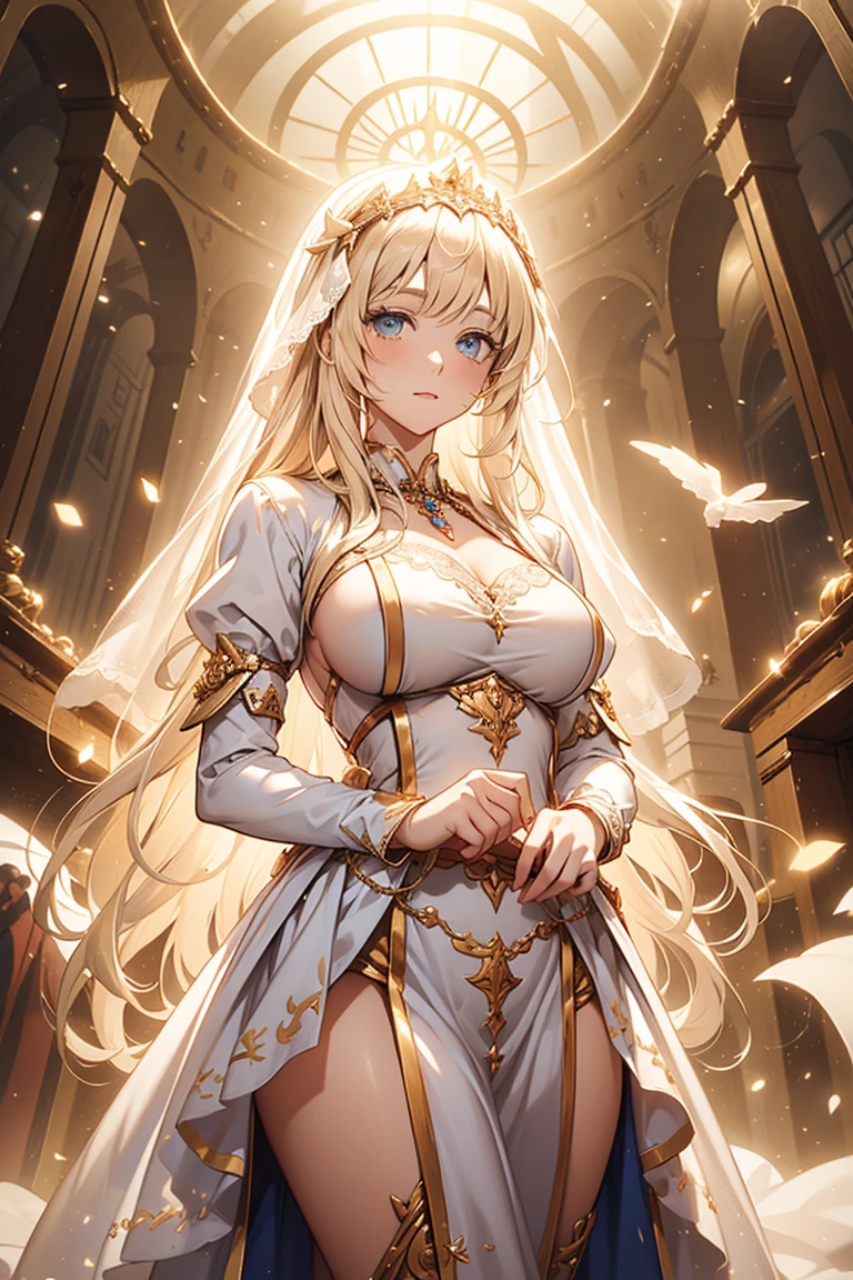 Mature woman，Fantasy World Princess，obsessed，Full Breasts，in love，Sacred，(And the White Princess Dress:1.3)，Blonde hair and blue eyes，Blue eyes，Great Sword，holy sword，Super super details，Ruffles，Lots of Lace，(There are stripes on the clothes:1.2)，(Dress nicely:1.1)，(Layered Skirt),Sheer and transparent clothing，Beautiful and delicate face，Movie Lighting，night，The only person，Lace,(shine:1.2), (Best quality), (masterpiece:1.2),sparkling gemstones, thick, thick, godess, milf,milf, thick, pawg