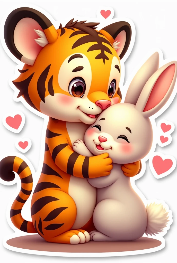 A cute animated tiger and a rabbit in love on sticker