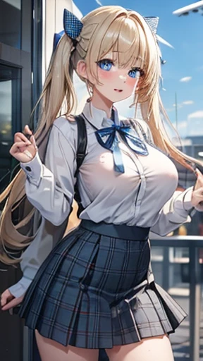 Blonde,Long twin tails,Very curled hair,Blue ribbon,Bright blue eyes,freckles,Big Breasts,teenager,Gray tartan skirt, Skin-tight clothing, Close one eye and stick out your tongue
