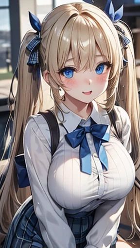 Tabletop, highest quality,figure, wallpaper, Super detailed, Absurd beauty、1 beautiful girl、 (Blonde、Medium Hair、Braided hair、Wavy Hair、Ample breasts、Very large breasts、clavicle) , Hair blowing in the wind、Keep your head small、Accentuate your cleavage、Casual clothing、Off the shoulder、White straight neck sweater、Sidewalk、Laugh with your eyes closed、smile、Shyness
