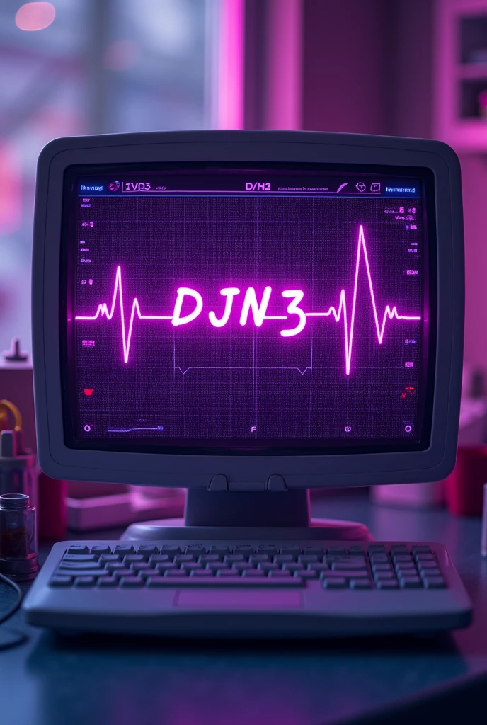 An ECG line of a heartbeat but Instead of the beat it shows the name “DJN3” in capital letters inside of the wave with a violett vibe and there’s much going on and it’s on the screen of the ECG-device inside of a hospital in a retro style and the line of the ECG-device goes through the whole picture