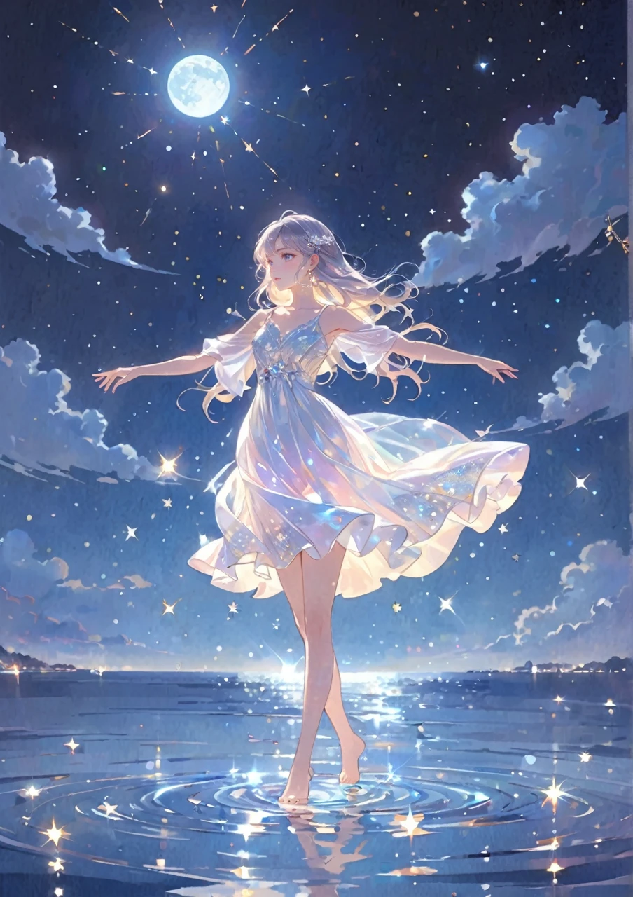 A girl standing alone under the starry night sky, with her silhouette illuminated by the soft moonlight and twinkling stars. Her face is beautifully detailed, with mesmerizing eyes that seem to reflect the universe itself, long and fluttering eyelashes, and exquisitely defined lips. She is dressed in an elegant gown, flowing and ethereal, embracing her figure gracefully as it glimmers with a subtle celestial glow. The intricate details of her dress catch the faint starlight, creating a mesmerizing sparkle. The surrounding landscape showcases a serene ocean. The air is filled with a gentle breeze, causing the fabric to sway delicately. The  is bathed in a warm, dreamy color palette, with hues of deep blues, purples, and hints of silver. The atmosphere is calm and tranquil, evoking a sense of peace and serenity. The artwork is of the highest quality, meticulously created with ultra-detailed brushstrokes and precise attention to every element. The texture and depth of the painting are breathtaking, with a sense of realism and photorealism that captures the awe-inspiring beauty of the night sky. The lighting is soft and diffused, casting a gentle glow over the entire scene, enhancing the magical ambiance. The girl's presence radiates a sense of mystery and wonder, as if she holds a secret connected to the celestial beings above. The overall composition evokes a feeling of timelessness and captures the essence of a StarSign, an artwork that embodies the celestial beauty and inner strength of a girl in harmony with the stars. Barefoot,walking on water
