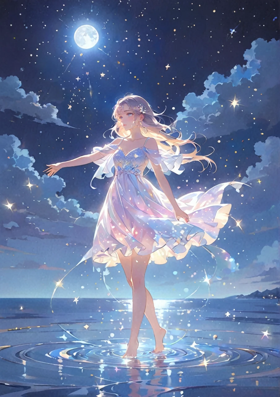 A girl standing alone under the starry night sky, with her silhouette illuminated by the soft moonlight and twinkling stars. Her face is beautifully detailed, with mesmerizing eyes that seem to reflect the universe itself, long and fluttering eyelashes, and exquisitely defined lips. She is dressed in an elegant gown, flowing and ethereal, embracing her figure gracefully as it glimmers with a subtle celestial glow. The intricate details of her dress catch the faint starlight, creating a mesmerizing sparkle. The surrounding landscape showcases a serene ocean. The air is filled with a gentle breeze, causing the fabric to sway delicately. The  is bathed in a warm, dreamy color palette, with hues of deep blues, purples, and hints of silver. The atmosphere is calm and tranquil, evoking a sense of peace and serenity. The artwork is of the highest quality, meticulously created with ultra-detailed brushstrokes and precise attention to every element. The texture and depth of the painting are breathtaking, with a sense of realism and photorealism that captures the awe-inspiring beauty of the night sky. The lighting is soft and diffused, casting a gentle glow over the entire scene, enhancing the magical ambiance. The girl's presence radiates a sense of mystery and wonder, as if she holds a secret connected to the celestial beings above. The overall composition evokes a feeling of timelessness and captures the essence of a StarSign, an artwork that embodies the celestial beauty and inner strength of a girl in harmony with the stars. Barefoot,walking on water