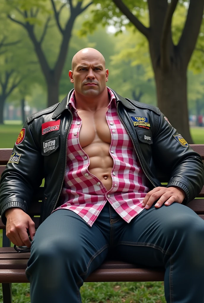 Big body builder white bald men wearing unbuttoned pink double pocket check shirt and black leather jacket with logos in park on bench