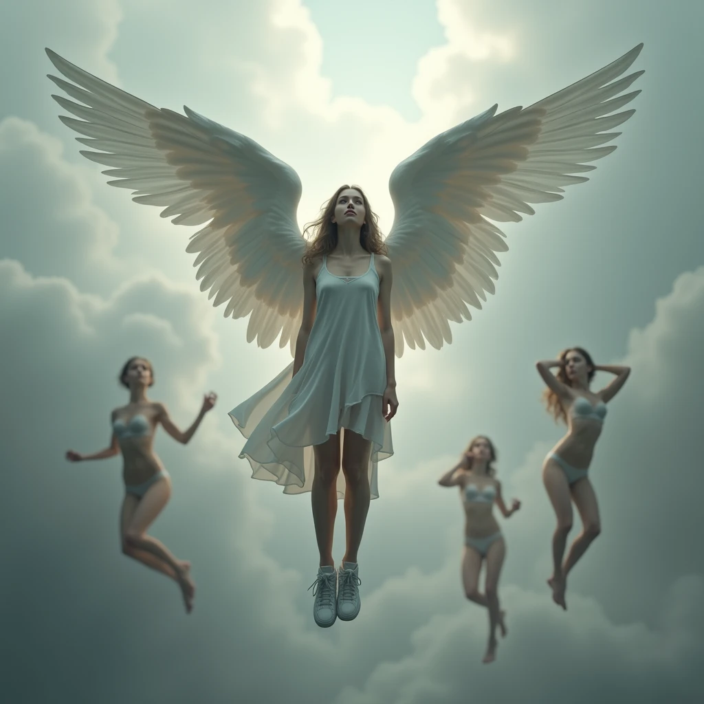 Angel with big wings in balenciaga track 1 sneakers, hovering in the clouds, women in lingerie are flying around in the distance, there is fog everywhere, grey vibe, and a glow comes from the angel