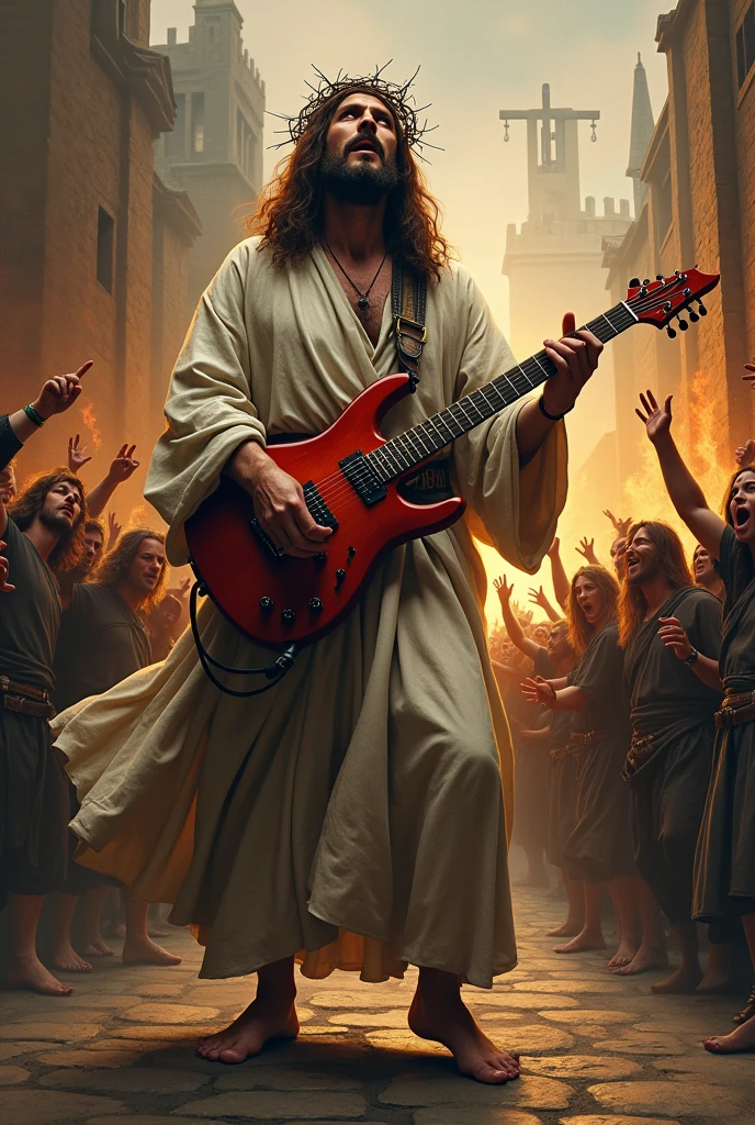 jesus christ with crown of thorns, an electric guitar hangs on his shoulder, ragged linen clothes, she sings with all her might, as in the Middle Ages, bare feet, as a guitarist at a rammstein concert, flames in the background, in the middle of a medieval village, guillotine in the background, metal fans around