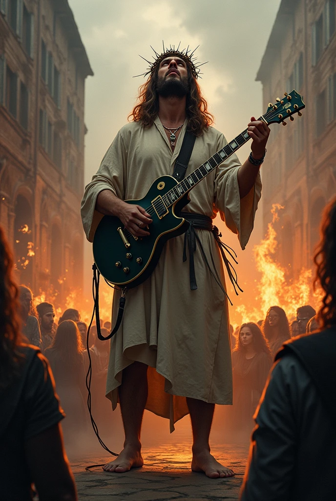 jesus christ with crown of thorns, an electric guitar hangs on his shoulder, ragged linen clothes, she sings with all her might, as in the Middle Ages, bare feet, as a guitarist at a rammstein concert, flames in the background, in the middle of a medieval village, guillotine in the background, metal fans around