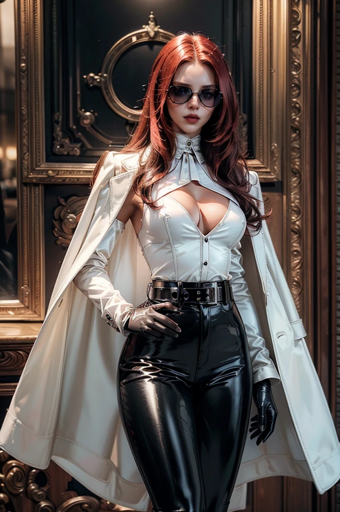 [cowboy shot], a beautiful young woman with long red hair, slim body, thin waist, narrow hips, detailed facial features, ((wearing high quality high waist black leather pants)), ((a formal white colored silk shirt with cleavage and long sleeves)), ((a white fur coat on shoulders)), ((red lining)), ((double luxury waist belt)), ((slightly red tinted glasses)), ((black latex gloves)), ((expensive reflective silk scarf)), holding a handbag, hand on waist, (best quality,4k,8k,highres,masterpiece:1.2),ultra-detailed,(realistic,photorealistic,photo-realistic:1.37),high fashion,editorial,dramatic lighting,cinematic,vivid colors,intricate details, glamorous