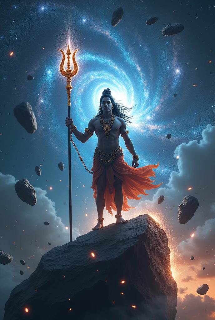 
"A majestic portrayal of the Hindu god Mahadev (Shiva) standing on a giant meteorite in the vastness of space. Mahadev, with his divine and powerful presence, wears earrings made from crescent moons, adding a celestial touch to his appearance. He holds a massive trident made of dark matter light that radiates an ethereal glow. Around him, numerous smaller meteorites trail in motion, creating a dynamic sense of cosmic energy. Behind him, a swirling mass of dark matter forms a chaotic backdrop, while in the distance, a galaxy is shown disintegrating, its fragments resembling countless sparkling diamonds scattered across the void. The scene merges the divine with the cosmic, depicting Mahadev as a powerful force in the universe."