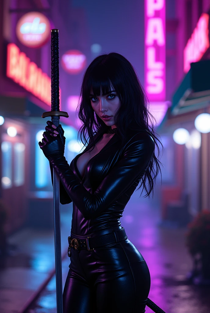 at night, some buildings in the united states, bars, purple phosphorescent lights, and a woman with black hair and blue eyes, small nose,Super pretty with a black leather suit and a katana in her hands, handling it perfectly
