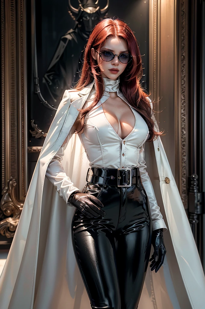 [cowboy shot], a beautiful young woman with long red hair, slim body, thin waist, narrow hips, detailed facial features, ((wearing high quality high waist black leather pants)), ((a formal white colored silk shirt with cleavage and long sleeves)), ((a white fur coat on shoulders)), ((red lining)), ((double luxury waist belt)), ((slightly red tinted glasses)), ((black latex gloves)), ((expensive reflective silk scarf)), holding a handbag, hand on waist, (best quality,4k,8k,highres,masterpiece:1.2),ultra-detailed,(realistic,photorealistic,photo-realistic:1.37),high fashion,editorial,dramatic lighting,cinematic,vivid colors,intricate details, glamorous