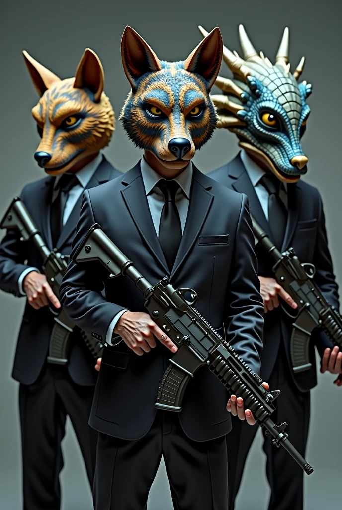 3 people with super realistic and comfortable masks, the 3 paras and suits , en medio uno com mascara de lobo 🐺 a la derecha uno con mascara de dragón 🐲   a la izquierda uno con mascara de alienigena 👽 los 3 com armas y muchas balas,., that all 3 can be seen in HD