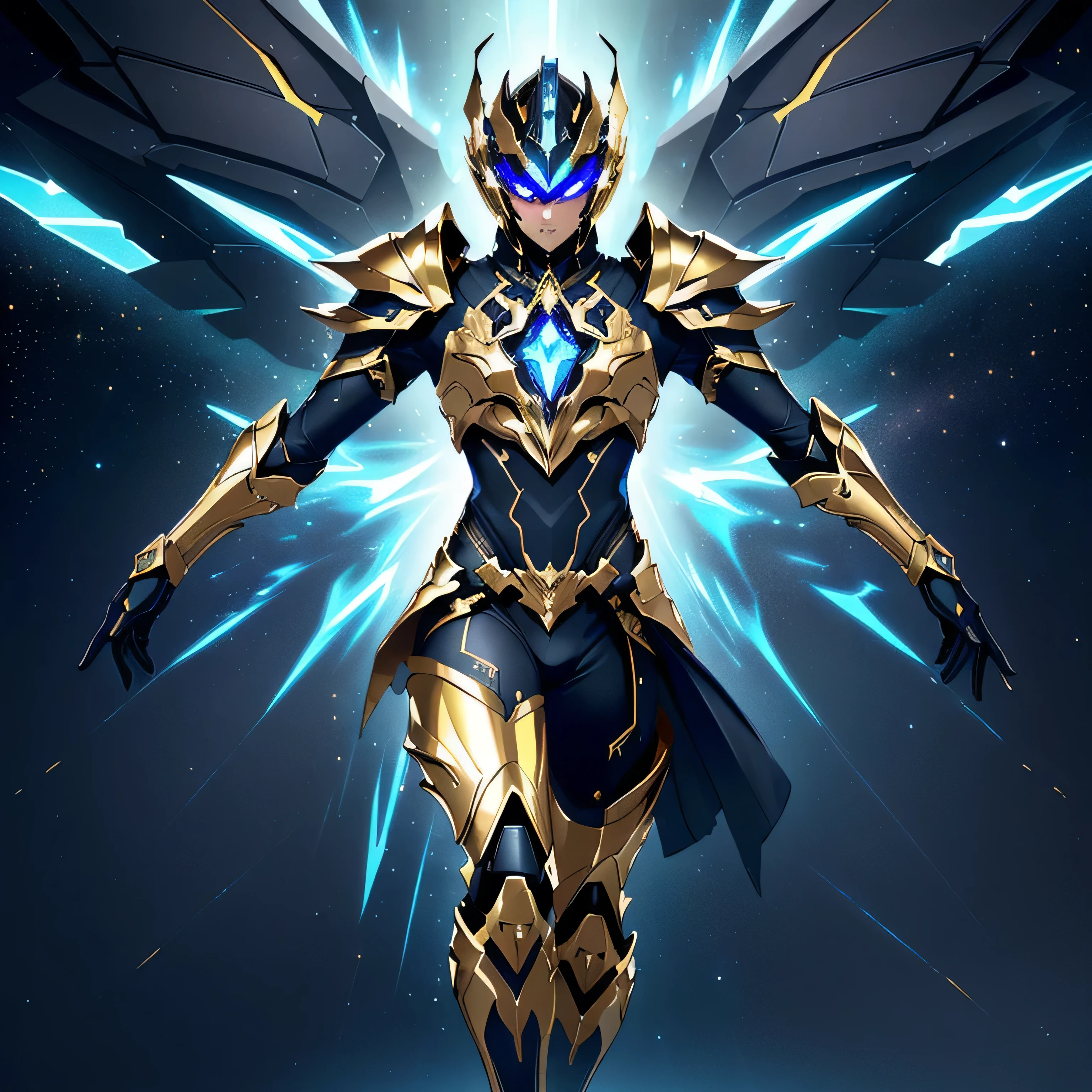 It's a man. The image presents a highly detailed and futuristic armor designed for a male warrior. The armor combines elements from different parts to create a cohesive and powerful look.

Helmet: The helmet features a sleek, aerodynamic design with a golden metallic finish. It has a central crest that rises upwards, and the visor glows with a bright blue light, giving it a high-tech, futuristic appearance.

Pauldrons (Shoulder Pads): The shoulder pads are large and wing-like, curving outward and upward, with a polished golden finish. These pads extend slightly beyond the shoulders and include a sleek, angular design, providing both a majestic and powerful look.

Chest Plate: The chest plate is intricately segmented, with a combination of gold and dark metallic blue. It has a gem-like crystal in the center that emits a soft, mystical glow. The design of the chest plate is both protective and regal, with sharp, angular lines that add to the overall futuristic aesthetic.

Arm Guards: The arm guards are sleek and streamlined, with articulated golden and purple segments that offer flexibility and protection. The design of the gauntlets is both robust and elegant, incorporating futuristic elements that blend with the classic style.

Leg Armor: The legs are armored with segmented plates that are primarily gold and purple. The boots are angular and sturdy, with a design that conveys both strength and agility. The overall look of the leg armor is grounded yet sleek, completing the ensemble with a powerful stance.

The background of the image is a dark cosmic scene, filled with distant stars and nebulae that highlight the polished surfaces of the armor. Dynamic lighting is used to emphasize the key features, particularly the glowing visor and central chest gem, reinforcing the mystical and imposing nature of the warrior.