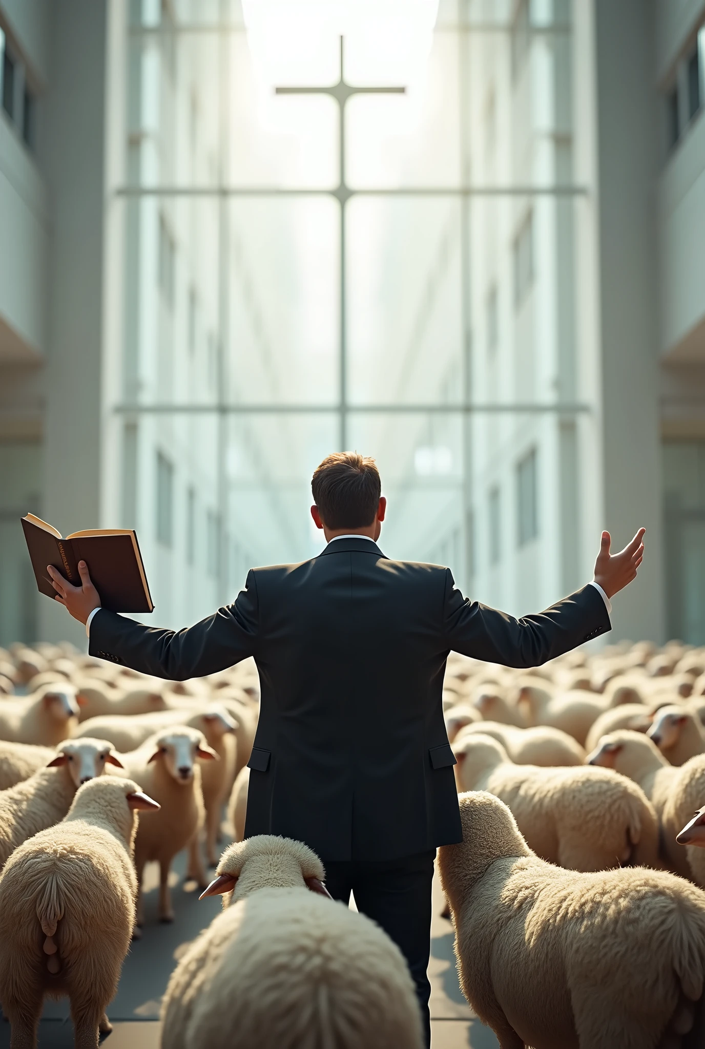 Create an image of a pastor in a suit with open arms and a Bible in his hand in an evangelical church, herding sheep in a very modern place, with modern architecture