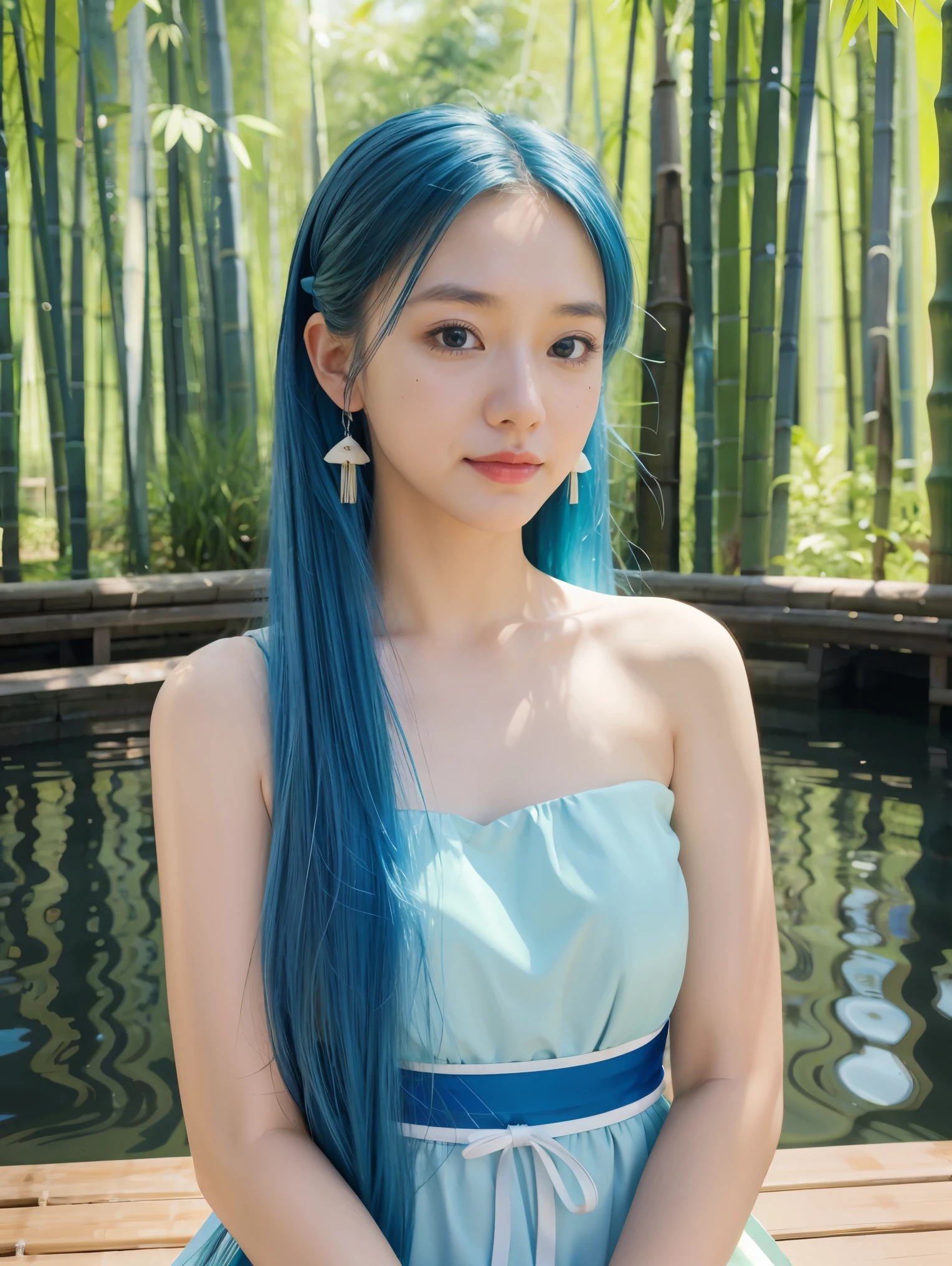 Masterpiece, best quality, official art, 8K wallpaper, very detailed, illustration, 1 woman, blue hair, long hair, Detailed eyes, Forrest Gump, bare shoulders, Hanfu, lagoon, pure, soft smile, bamboo, tea