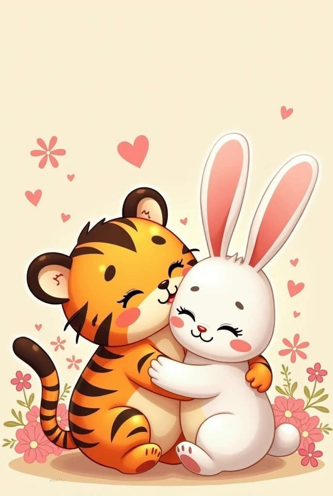 A cute animated tiger and a rabbit in love in a kawaii sticker

